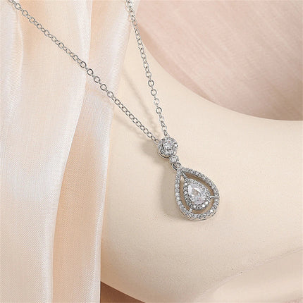 ZAKOL Simple Geometric Crystal White Zircon Pendant Necklace For Women Silver-Color Wedding Party Jewelry Gift With Box PlatiNum