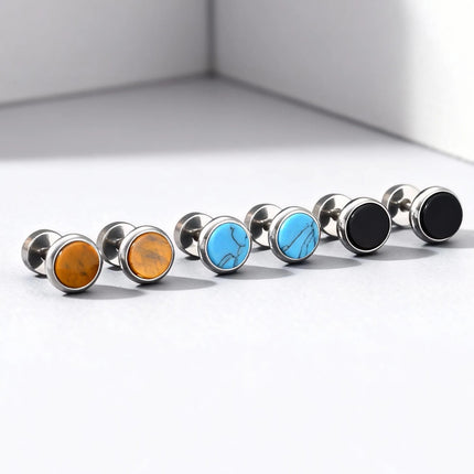 Piccoli orecchini rotondi in pietra naturale per uomo, orecchini a bottone in acciaio inossidabile ipoallergenici, regalo di gioielli di moda hip hop platinumshop