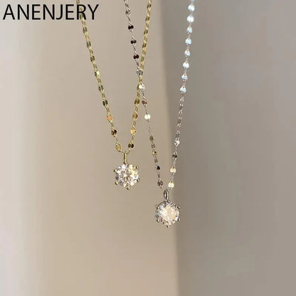 ANENJERY Collana con zirconi singoli color argento per donna Gioielli per feste di nozze con catena a clavicola con zirconi a sei artigli