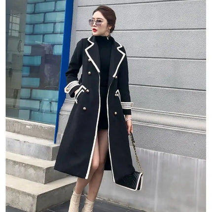 Women White Long Woolen Coat Autumn Winter British Hepburn Style Thicken Slim Double-Breasted Woolen Coat New Women Outwear