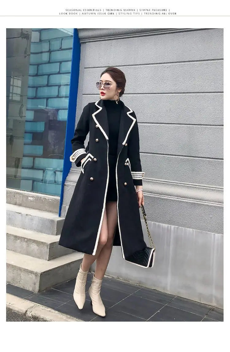 Women White Long Woolen Coat Autumn Winter British Hepburn Style Thicken Slim Double-Breasted Woolen Coat New Women Outwear