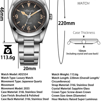 ADDIESDIVE New 36Mm Men's Quartz Watch Retro Dial Sapphire Glass 100M Waterproof Stainless Steel Night Light Retro Quartz Watch