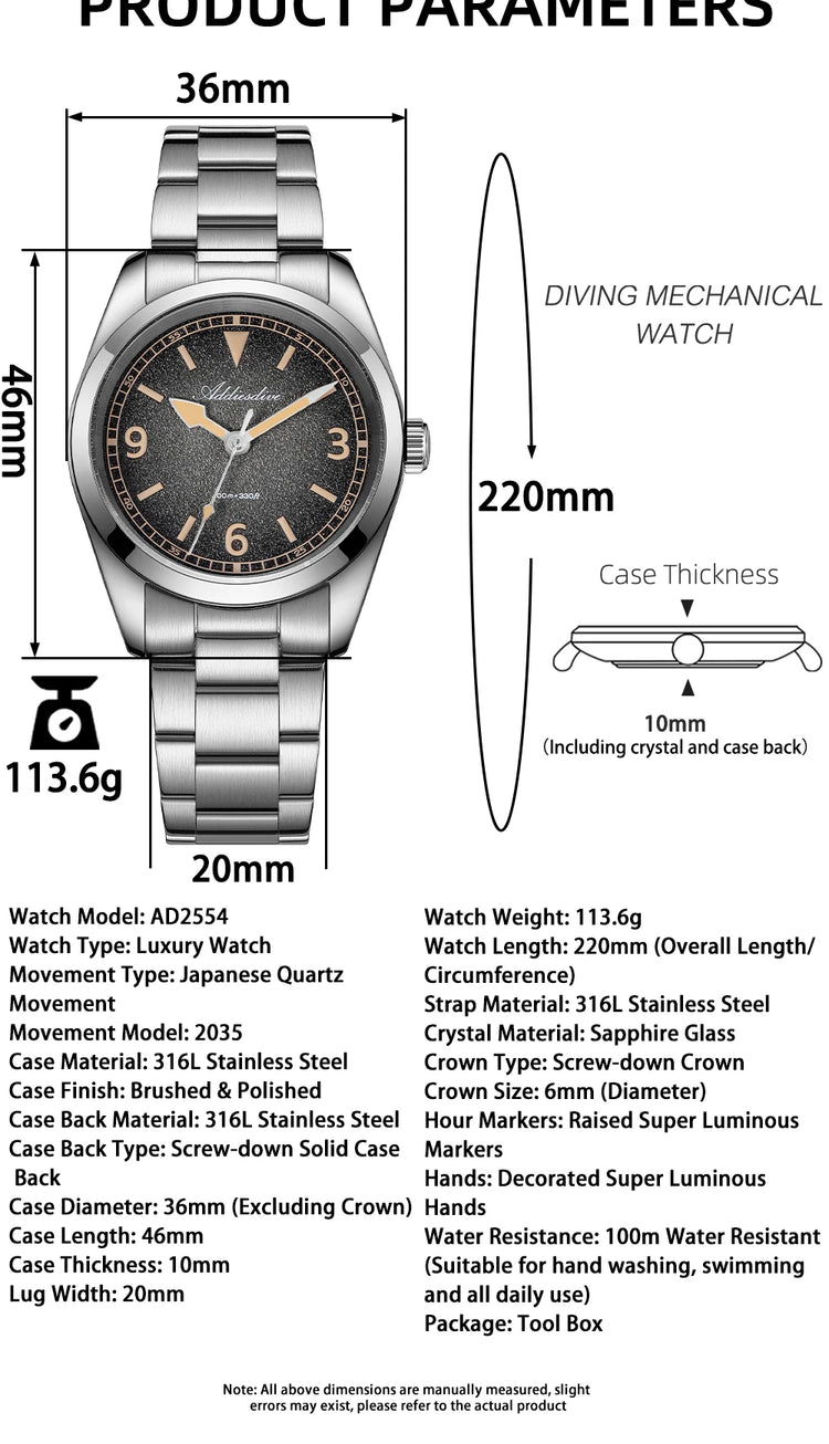 ADDIESDIVE New 36Mm Men's Quartz Watch Retro Dial Sapphire Glass 100M Waterproof Stainless Steel Night Light Retro Quartz Watch