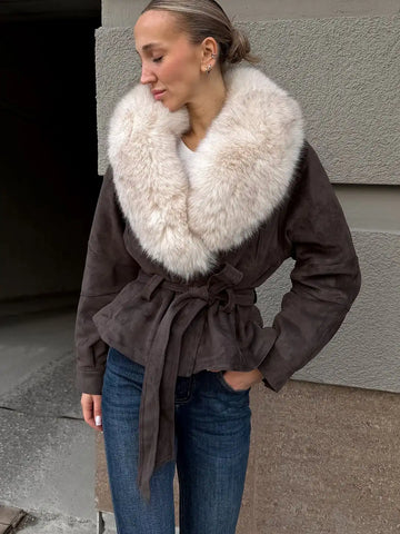 Women's Vintage Pure-color Large Fur Collar Lace-up Shortjacket Fashion Lapel Waist-fitting Autumn Coat 2026 Street Daily Wear