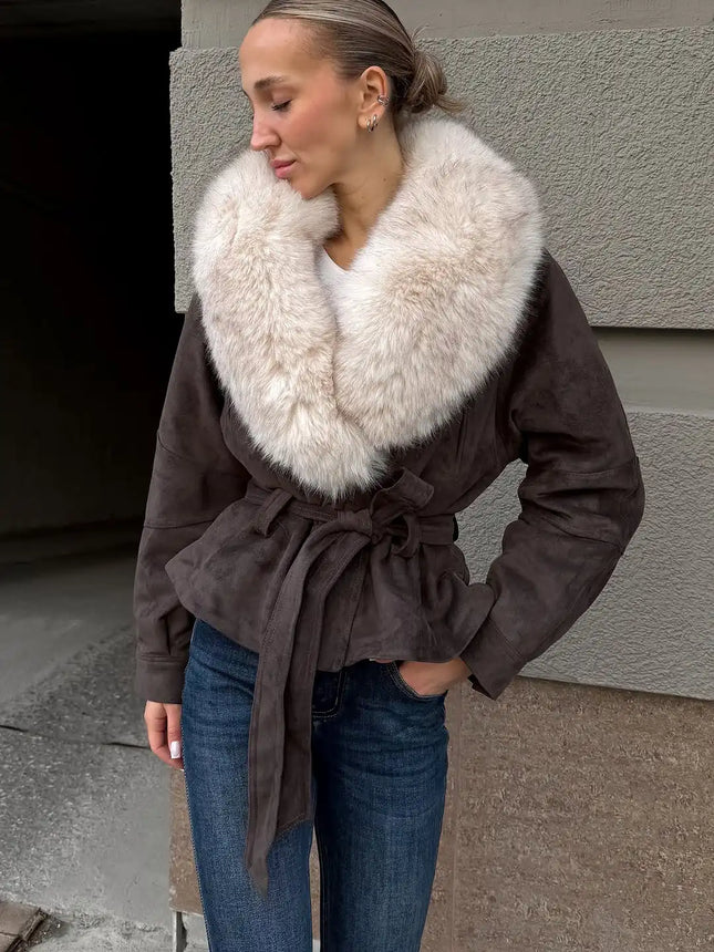 Women's Vintage Pure-color Large Fur Collar Lace-up Shortjacket Fashion Lapel Waist-fitting Autumn Coat 2026 Street Daily Wear