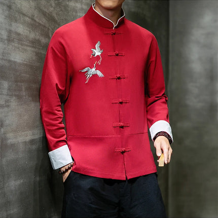 Camicie con ricamo gru Abbigliamento tradizionale cinese vintage Mezza manica da uomo in lino Solido colletto Madarin Cardigan Hanfu Kungfu