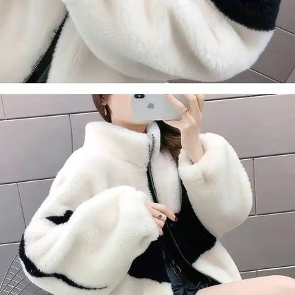 Warm Stand collar Faux fur Winter Jacket Female 2024 New Korean Loose Thick Lamb wool Coat Short Stitching Womens Parkas Outwear