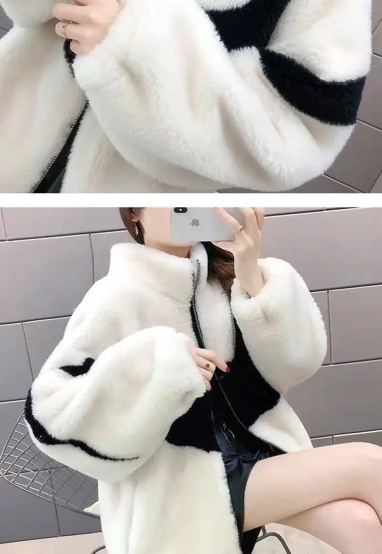 Warm Stand collar Faux fur Winter Jacket Female 2024 New Korean Loose Thick Lamb wool Coat Short Stitching Womens Parkas Outwear