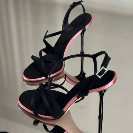 Satin Color Block Stiletto Fashionable High Heels with One Belt 2026 New Summer Sexy Temperament Versatile Sandals PlatiNum