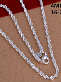 16-24inch for Women Men Beautiful Fashion 925 Silver Color Charm 4MM Rope Chain Necklace Fit Pendant