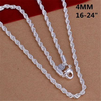16-24inch for Women Men Beautiful Fashion 925 Silver Color Charm 4MM Rope Chain Necklace Fit Pendant High Quality Jewelry PlatiNum