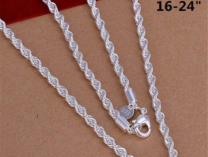 16-24inch for Women Men Beautiful Fashion 925 Silver Color Charm 4MM Rope Chain Necklace Fit Pendant High Quality Jewelry PlatiNum