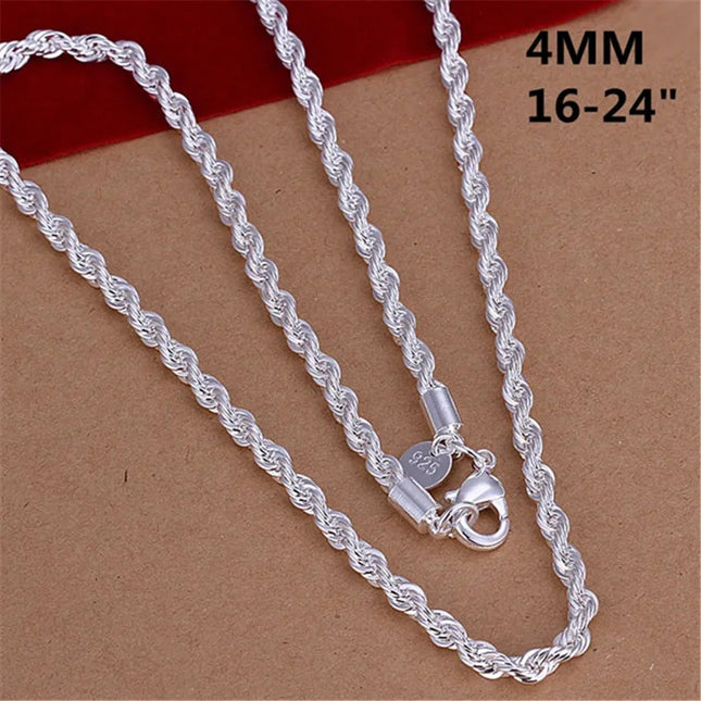 16-24inch for Women Men Beautiful Fashion 925 Silver Color Charm 4MM Rope Chain Necklace Fit Pendant High Quality Jewelry PlatiNum