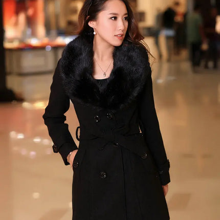 Mid Length Wool Coats Women Fur Collar Splice Blends Korean Full Sleeve Double Breasted Lace Up Belt Thick Warm Winter Jackets