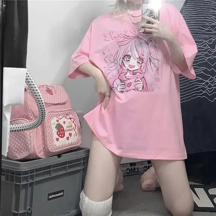 Printemps été Nouvelle version coréenne Harajuku Rose Mignon Anime Cartoon Fille T-shirt à manches courtes ample étudiant haut