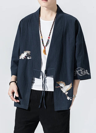 Camicie gru ricamate stile cinese retrò cotone lino Tang vestito Cardigan Mens tradizionale Kung Fu Tai Chi Casual Top camicette