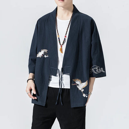 Camicie gru ricamate stile cinese retrò cotone lino Tang vestito Cardigan Mens tradizionale Kung Fu Tai Chi Casual Top camicette