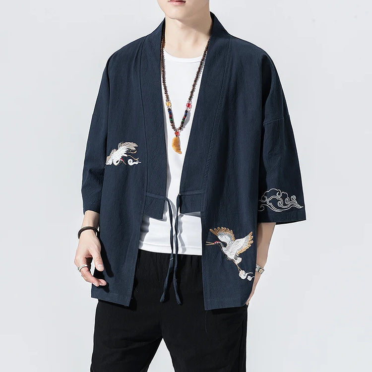 Camicie gru ricamate stile cinese retrò cotone lino Tang vestito Cardigan Mens tradizionale Kung Fu Tai Chi Casual Top camicette