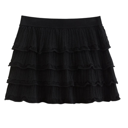 DUSHU Ruffled Knitted Skirt Spring Black Elastic Waist Cake Mini Skirt Ruched Ruffles Sweet Straight Leisure Korean Style PlatiNum