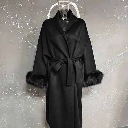 UCXQ Elegant Woolen Coat Temperament Office Lady Overcoats Fur Patchwork Long Sleeve Beautiful Women's Coats 2025 Winter New