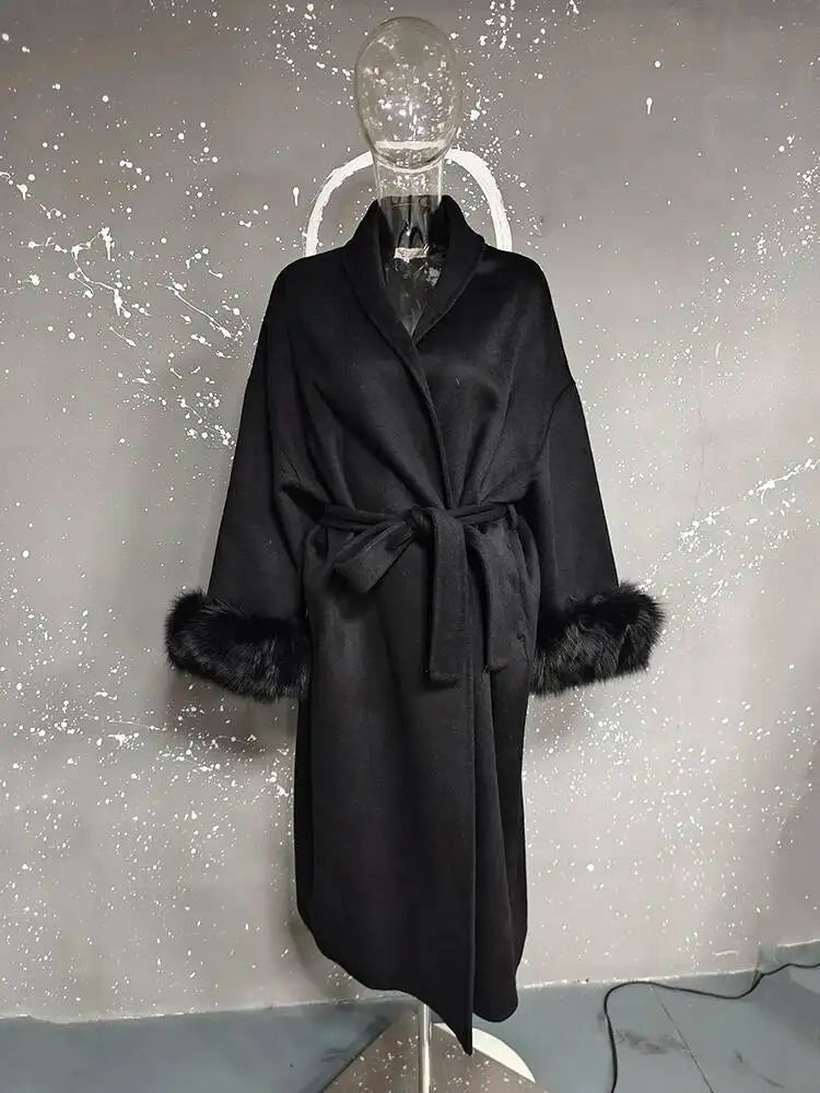 UCXQ Elegant Woolen Coat Temperament Office Lady Overcoats Fur Patchwork Long Sleeve Beautiful Women's Coats 2025 Winter New