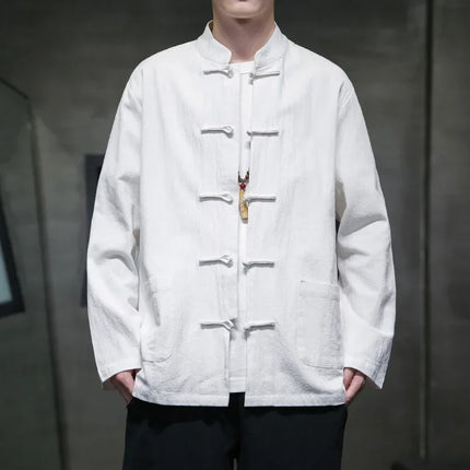 Camicie da uomo stile cinese retrò lino cotone tinta unita vestito Tang top cardigan uomo casual Kung Fu Tai Chi camicette da uomo abbigliamento
