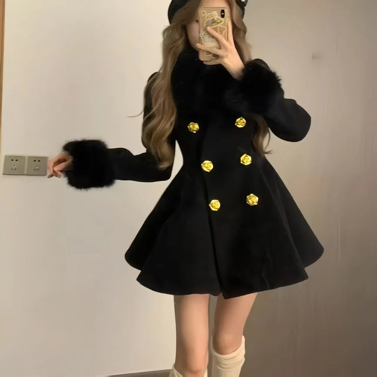 New Elegant Small Fragrance Celebrity Loose Coat Moda Woolen Winter French Style Vintage Blends Slim Waist Mid-length Outwear