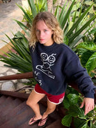Navy Blue Cartoon Stick Figure Print Crew Neck Sweatshirt Women Loose Long Sleeve Vintage Streetwear Casual Pullover Tops Women