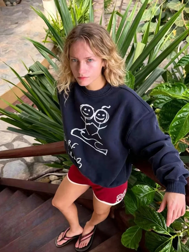Navy Blue Cartoon Stick Figure Print Crew Neck Sweatshirt Women Loose Long Sleeve Vintage Streetwear Casual Pullover Tops Women