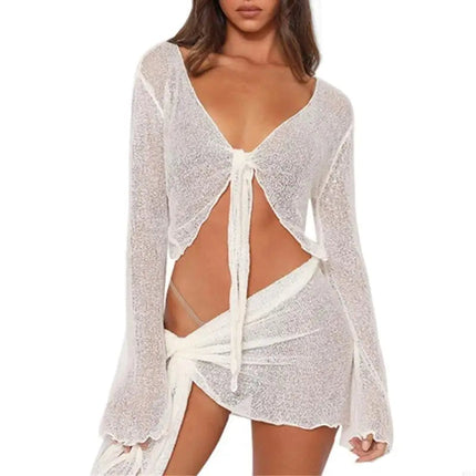 R7UF Costume da bagno da donna a maniche lunghe in rete trasparente 2 pezzi Copricostume da spiaggia Abito con fasciatura con platinumshop
