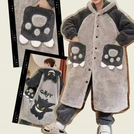 Kawaii Pokemon Pikachu Print Men's Fleece Pajama Set Hooded Robe + Pants Super Soft Winter Loungewear Cute Anime Sleepwear New