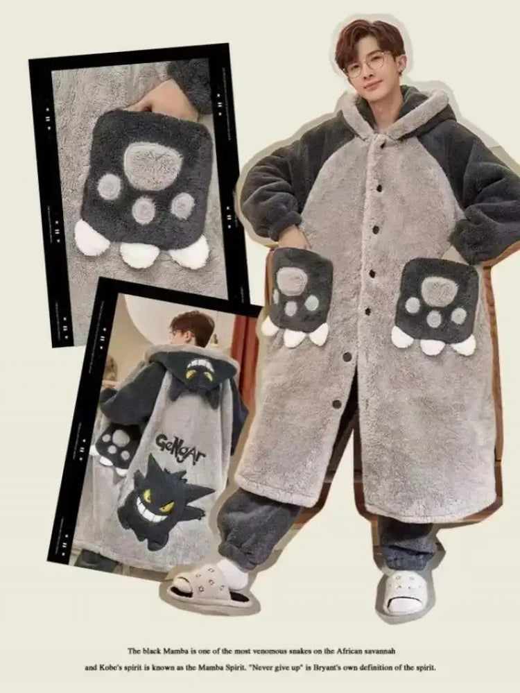 Kawaii Pokemon Pikachu Print Men's Fleece Pajama Set Hooded Robe + Pants Super Soft Winter Loungewear Cute Anime Sleepwear New