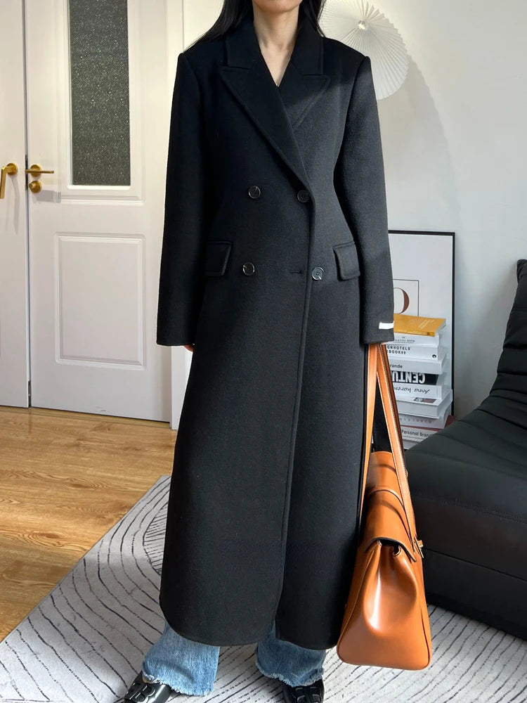 High-end White Thick Double-sided Wool Cashmere Coat Long Women Fashion Casual Loose Lapel Lace-up Woolen Jacket Autumn Winter