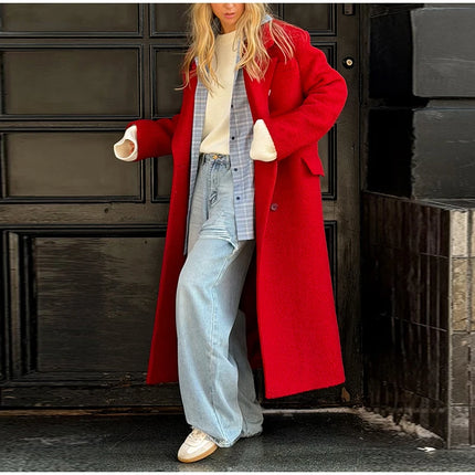 Elegant Women's Woolen Overcoat Solid Lapel Double Breasted Full Sleeve Long Coat 2026 Autumn Winter Fashion Lady Outwear