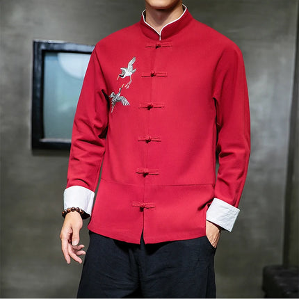 Camicie con ricamo gru Abbigliamento tradizionale cinese vintage Mezza manica da uomo in lino Solido colletto Madarin Cardigan Hanfu Kungfu