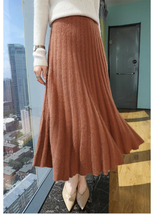 Autumn And Winter Fashion Mink Cashmere Mid Length High Waist Skirt For Women, Knitted Umbrella Skirt, Fashionable Pleated Skirt PlatiNum