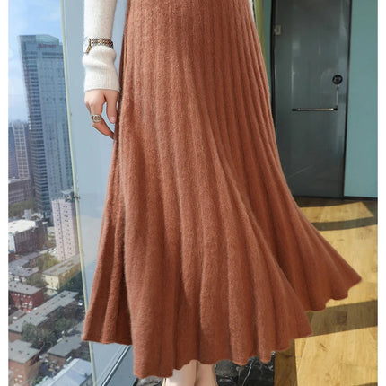 Autumn And Winter Fashion Mink Cashmere Mid Length High Waist Skirt For Women, Knitted Umbrella Skirt, Fashionable Pleated Skirt PlatiNum
