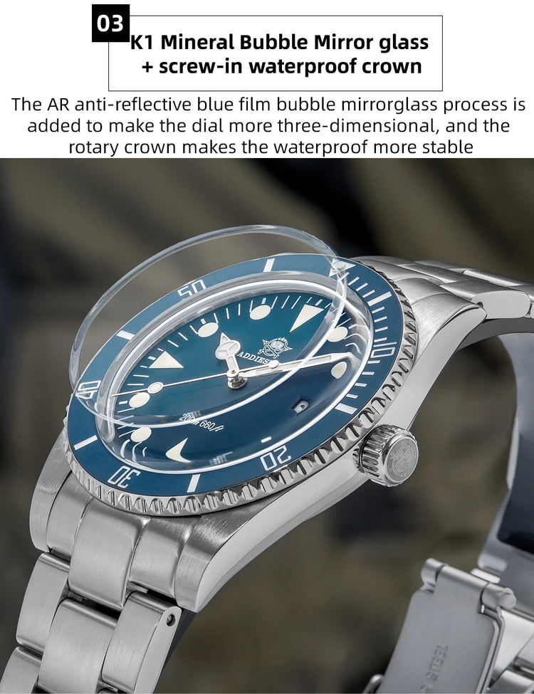 ADDIESDIVE Luxury Men's Analog Watch BGW9 Luminous Ceramic Bezel Bubble Mirror Glass Diver's Watch 200m Quartz Watches AD2068