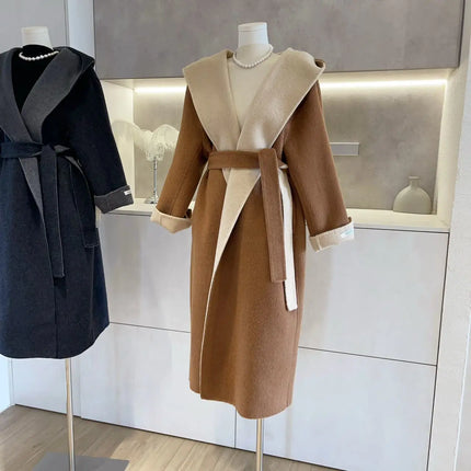 UCXQ Color Blocked Double Sided Wool Coat For Women Hooded Long Sleeved Belt Cardigan Coats 2025 Autumn Winter New Tide 23Z3934