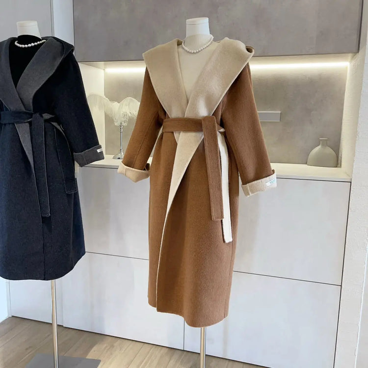 UCXQ Color Blocked Double Sided Wool Coat For Women Hooded Long Sleeved Belt Cardigan Coats 2025 Autumn Winter New Tide 23Z3934