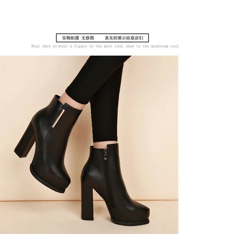 Autumn Winter Plush Boots Women British Thick Heel Waterproof Platform Thick Bottom Short Boot High Heels Lady
