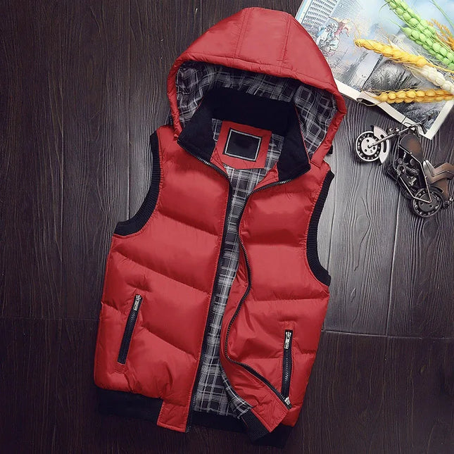 Men's Puffer Sleeveless Winter Coats Contrast Color Hooded Down Cotton Vest Jackets Thick Warm Windbreaker Waistcoat Clothing
