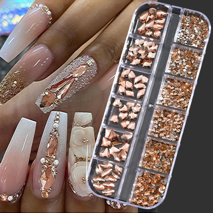 12 Grids Mixed Size Nail Rhinestones SS6 to SS30 Shiny Clear Gold Pink Blue Flat Back Glass Gems for DIY Nail Art Manicure Decoration Supply