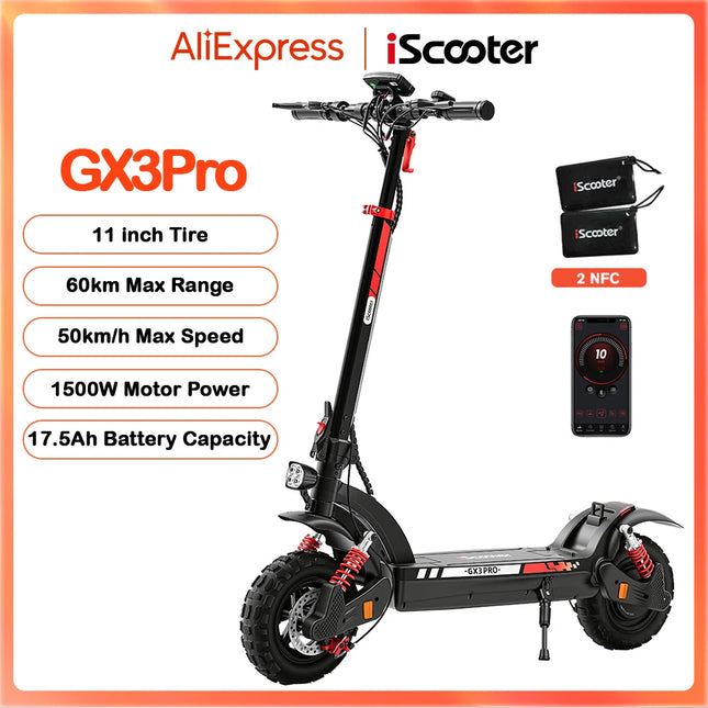 Monopattino elettrico iScooter GX3Pro 1500W 50km/h, potente monopattino a batteria 48V 17.5Ah, pneumatici antiscivolo da 11 pollici per fuoristrada, autonomia massima 60km.