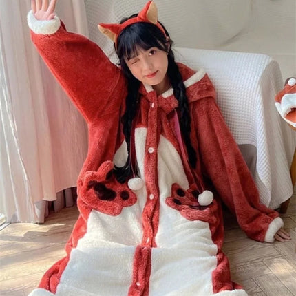 Cartoon Animal Fox Pajamas Women's Winter Coral Fleece Thickened One-Piece Plush Cute Long Hooded Plus Size Robe Home Wear