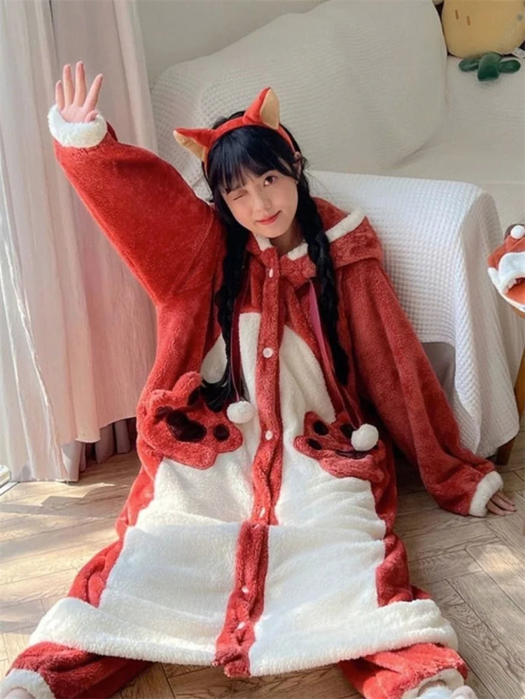 Cartoon Animal Fox Pajamas Women's Winter Coral Fleece Thickened One-Piece Plush Cute Long Hooded Plus Size Robe Home Wear