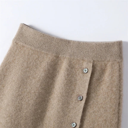 Women 100% Cashmere Skirts Office Lady Autumn Winter Knitted High Waist A-Skirt Graceful Long Warm front-open skirt with buttons PlatiNum