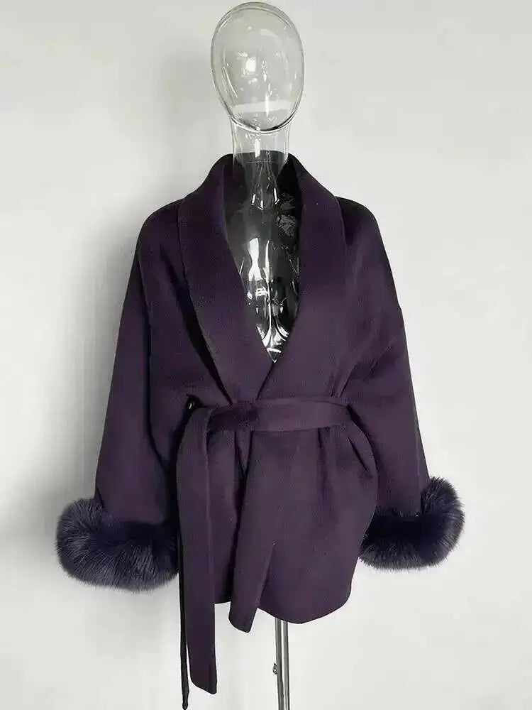 UCXQ Elegant OL Office Lady Overcoats Fur Patchwork Long Sleeve Woolen Coat Beautiful Women's Clothing Jacket Autumn 2025 Winter