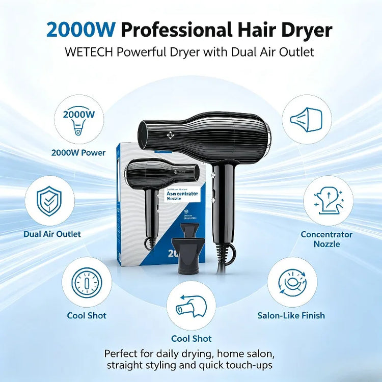 WETECH 2000W Professional Hair Dryer Salon High Power Blow Dryer With Concentrator Nozzle Cool Shot Function Fast Drying Household Hair Styling Tool