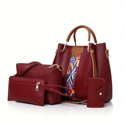 Set di 4 Borse da Donna in Pelle PU: Borsa a Tracolla, Borsa a Mano, Pochette e Portacarte